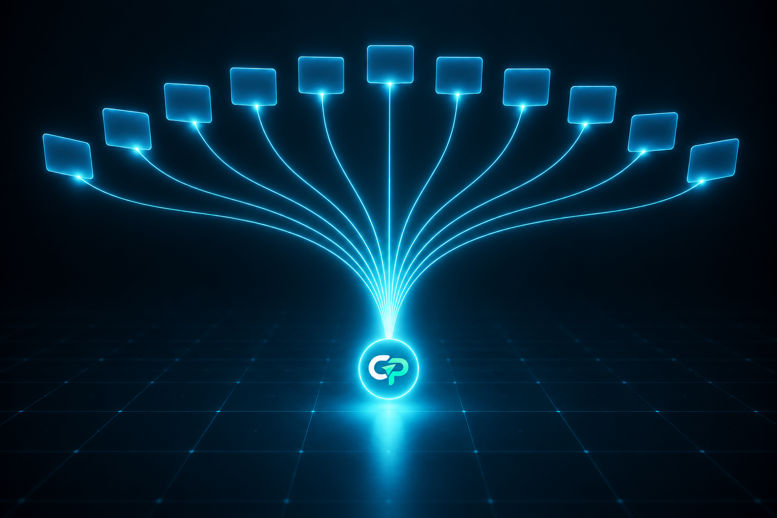 Logo do ConectaPost conectada a várias redes sociais por linhas luminosas